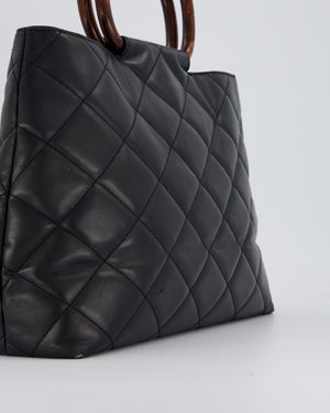 Chanel Vintage Black Quilted Lambskin Leather Tote Bag with Wooden CC and Handle Detail