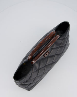 Chanel Vintage Black Quilted Lambskin Leather Tote Bag with Wooden CC and Handle Detail