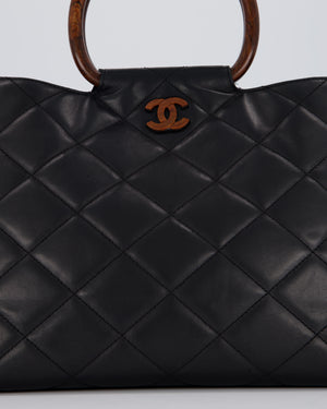 Chanel Vintage Black Quilted Lambskin Leather Tote Bag with Wooden CC and Handle Detail