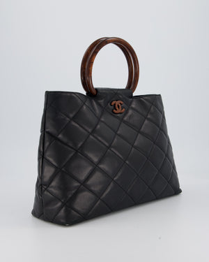 Chanel Vintage Black Quilted Lambskin Leather Tote Bag with Wooden CC and Handle Detail