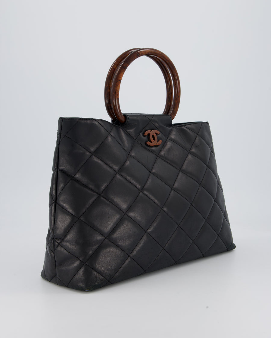 Chanel Vintage Black Quilted Lambskin Leather Tote Bag with Wooden CC and Handle Detail