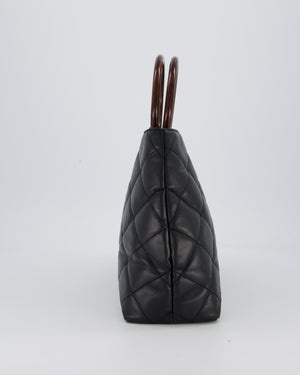 Chanel Vintage Black Quilted Lambskin Leather Tote Bag with Wooden CC and Handle Detail