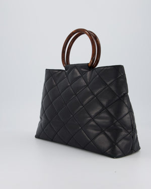 Chanel Vintage Black Quilted Lambskin Leather Tote Bag with Wooden CC and Handle Detail
