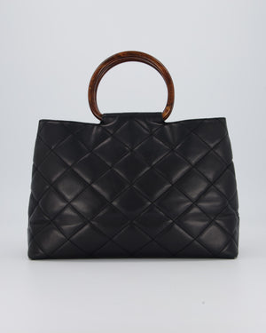 Chanel Vintage Black Quilted Lambskin Leather Tote Bag with Wooden CC and Handle Detail