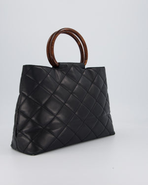 Chanel Vintage Black Quilted Lambskin Leather Tote Bag with Wooden CC and Handle Detail