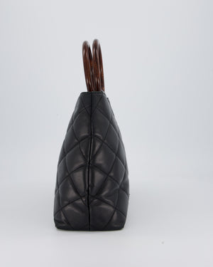 Chanel Vintage Black Quilted Lambskin Leather Tote Bag with Wooden CC and Handle Detail