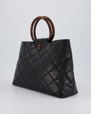 Chanel Vintage Black Quilted Lambskin Leather Tote Bag with Wooden CC and Handle Detail