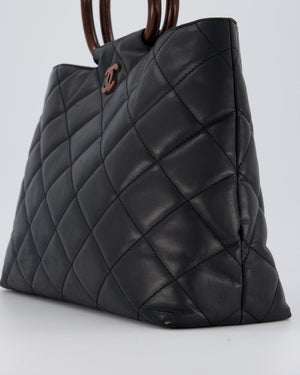Chanel Vintage Black Quilted Lambskin Leather Tote Bag with Wooden CC and Handle Detail