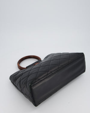 Chanel Vintage Black Quilted Lambskin Leather Tote Bag with Wooden CC and Handle Detail