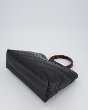 Chanel Vintage Black Quilted Lambskin Leather Tote Bag with Wooden CC and Handle Detail