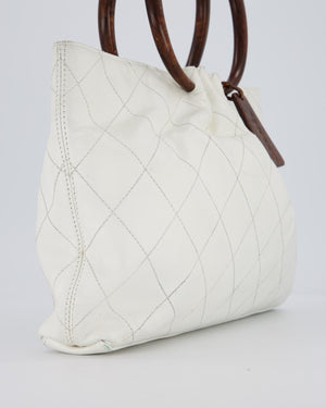 Chanel White Vintage Tote Bag in Quilted Lambskin with Tortoise Effect Resin Handles