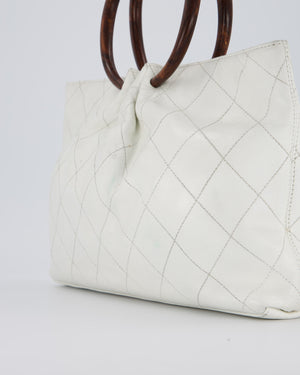 Chanel White Vintage Tote Bag in Quilted Lambskin with Tortoise Effect Resin Handles