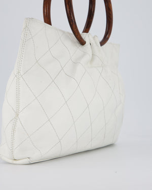 Chanel White Vintage Tote Bag in Quilted Lambskin with Tortoise Effect Resin Handles