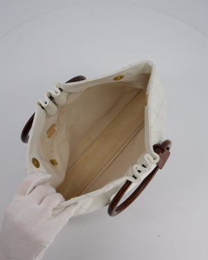 Chanel White Vintage Tote Bag in Quilted Lambskin with Tortoise Effect Resin Handles