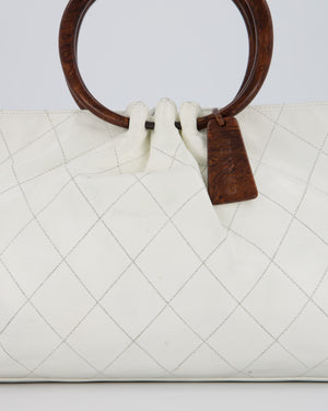 Chanel White Vintage Tote Bag in Quilted Lambskin with Tortoise Effect Resin Handles