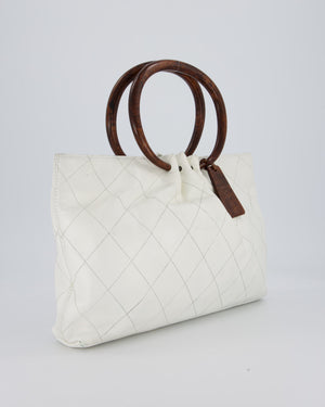 Chanel White Vintage Tote Bag in Quilted Lambskin with Tortoise Effect Resin Handles
