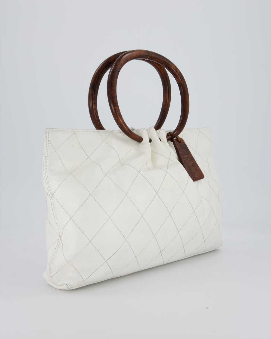 Chanel White Vintage Tote Bag in Quilted Lambskin with Tortoise Effect Resin Handles
