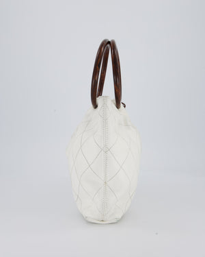 Chanel White Vintage Tote Bag in Quilted Lambskin with Tortoise Effect Resin Handles