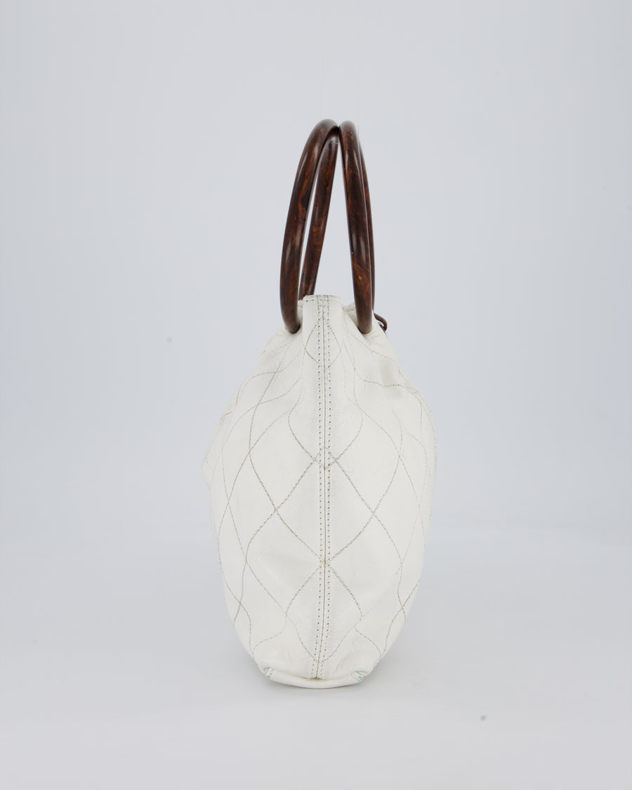 Chanel White Vintage Tote Bag in Quilted Lambskin with Tortoise Effect Resin Handles