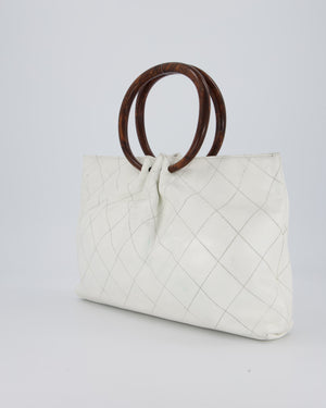 Chanel White Vintage Tote Bag in Quilted Lambskin with Tortoise Effect Resin Handles