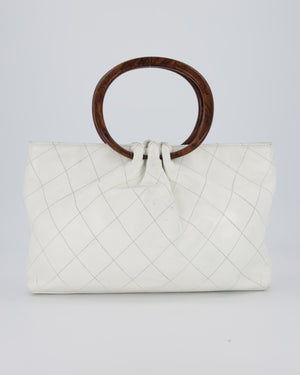 Chanel White Vintage Tote Bag in Quilted Lambskin with Tortoise Effect Resin Handles