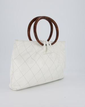Chanel White Vintage Tote Bag in Quilted Lambskin with Tortoise Effect Resin Handles