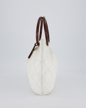 Chanel White Vintage Tote Bag in Quilted Lambskin with Tortoise Effect Resin Handles
