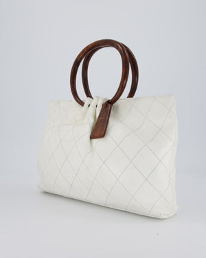 Chanel White Vintage Tote Bag in Quilted Lambskin with Tortoise Effect Resin Handles