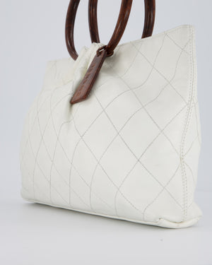 Chanel White Vintage Tote Bag in Quilted Lambskin with Tortoise Effect Resin Handles