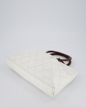 Chanel White Vintage Tote Bag in Quilted Lambskin with Tortoise Effect Resin Handles