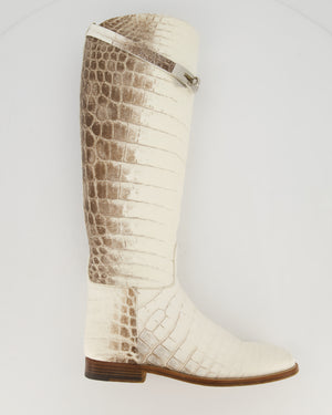 Hermès Brown and White Matte Niloticus Crocodile Himalaya Jumping Riding Boots in Crocodile with Palladium Hardware Size EU 38.5 RRP £45,000