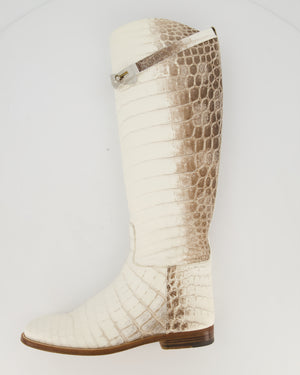 Hermès Brown and White Matte Niloticus Crocodile Himalaya Jumping Riding Boots in Crocodile with Palladium Hardware Size EU 38.5 RRP £45,000
