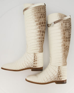 Hermès Brown and White Matte Niloticus Crocodile Himalaya Jumping Riding Boots in Crocodile with Palladium Hardware Size EU 38.5 RRP £45,000