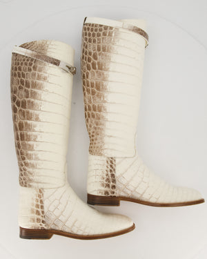 Hermès Brown and White Matte Niloticus Crocodile Himalaya Jumping Riding Boots in Crocodile with Palladium Hardware Size EU 38.5 RRP £45,000