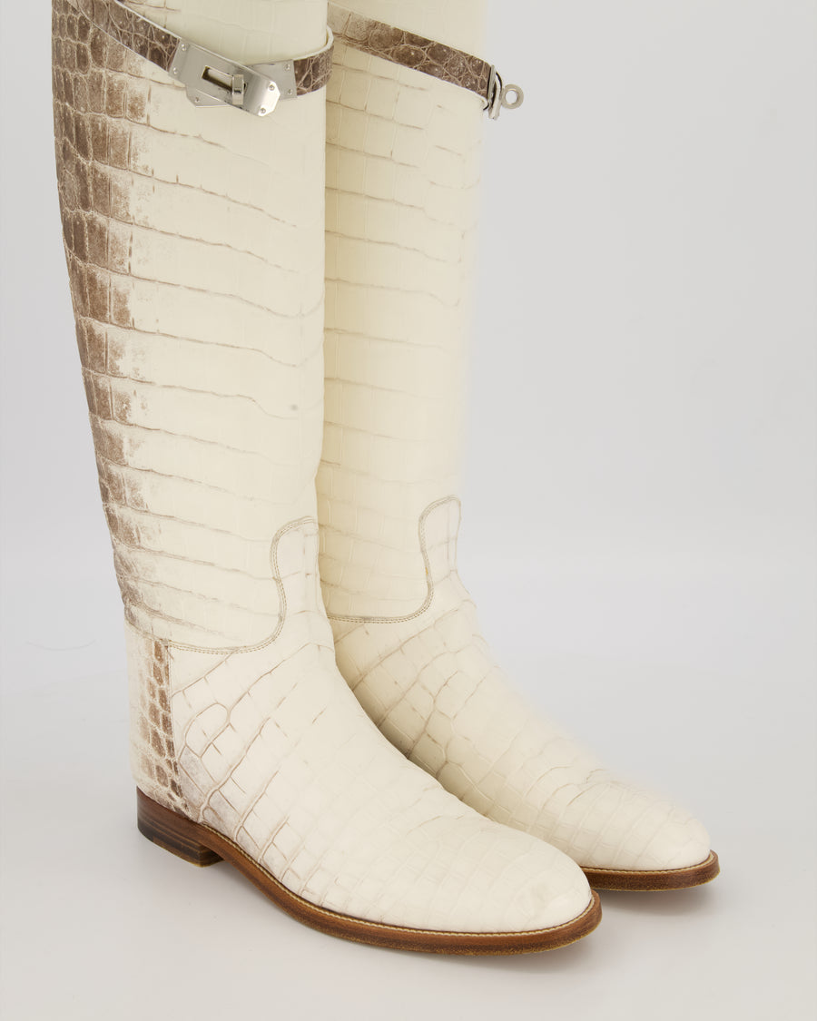 Hermès Brown and White Matte Niloticus Crocodile Himalaya Jumping Riding Boots in Crocodile with Palladium Hardware Size EU 38.5 RRP £45,000