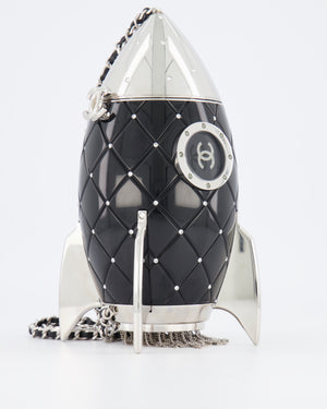 *COLLECTOR'S PIECE* Chanel FW17 Runway Black Plexiglass Rocket Ship Bag with Silver Hardware and Crystal Details