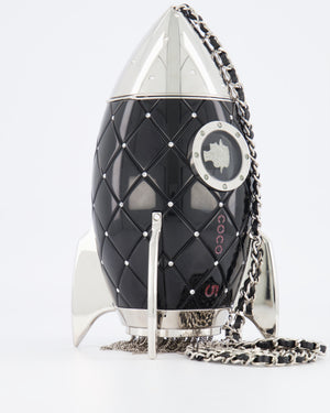 *COLLECTOR'S PIECE* Chanel FW17 Runway Black Plexiglass Rocket Ship Bag with Silver Hardware and Crystal Details