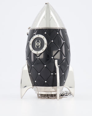 *COLLECTOR'S PIECE* Chanel FW17 Runway Black Plexiglass Rocket Ship Bag with Silver Hardware and Crystal Details