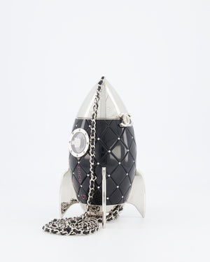 *COLLECTOR'S PIECE* Chanel FW17 Runway Black Plexiglass Rocket Ship Bag with Silver Hardware and Crystal Details