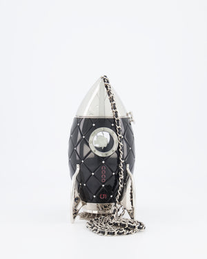 *COLLECTOR'S PIECE* Chanel FW17 Runway Black Plexiglass Rocket Ship Bag with Silver Hardware and Crystal Details