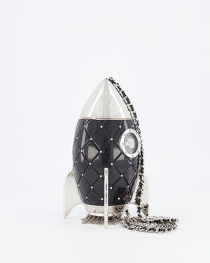 *COLLECTOR'S PIECE* Chanel FW17 Runway Black Plexiglass Rocket Ship Bag with Silver Hardware and Crystal Details