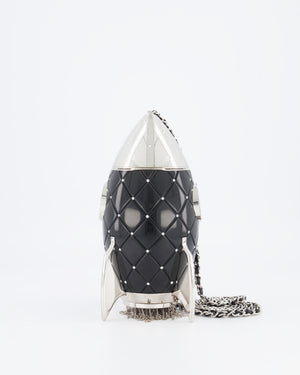 *COLLECTOR'S PIECE* Chanel FW17 Runway Black Plexiglass Rocket Ship Bag with Silver Hardware and Crystal Details