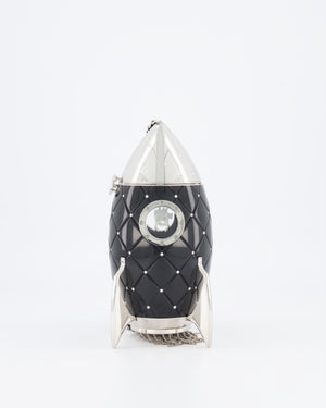 *COLLECTOR'S PIECE* Chanel FW17 Runway Black Plexiglass Rocket Ship Bag with Silver Hardware and Crystal Details