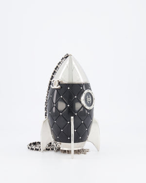 *COLLECTOR'S PIECE* Chanel FW17 Runway Black Plexiglass Rocket Ship Bag with Silver Hardware and Crystal Details