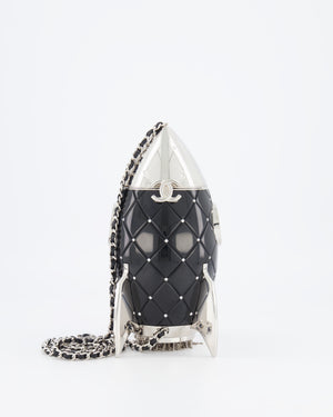 *COLLECTOR'S PIECE* Chanel FW17 Runway Black Plexiglass Rocket Ship Bag with Silver Hardware and Crystal Details