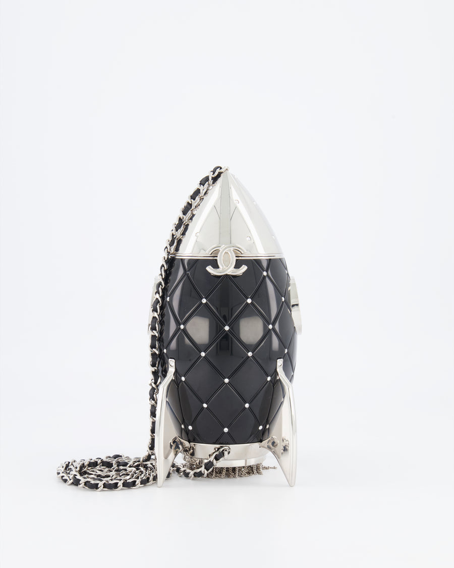 *COLLECTOR'S PIECE* Chanel FW17 Runway Black Plexiglass Rocket Ship Bag with Silver Hardware and Crystal Details