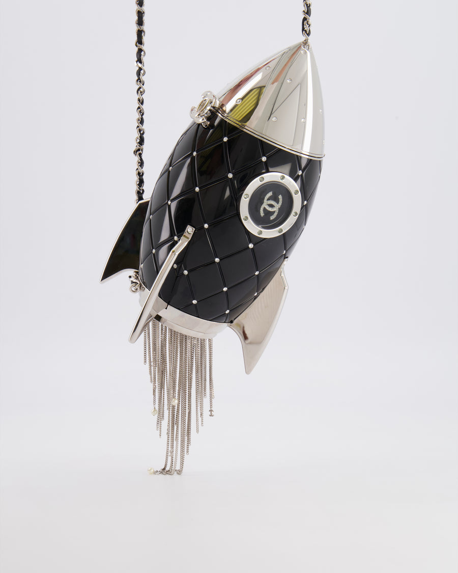 *COLLECTOR'S PIECE* Chanel FW17 Runway Black Plexiglass Rocket Ship Bag with Silver Hardware and Crystal Details