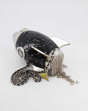 *COLLECTOR'S PIECE* Chanel FW17 Runway Black Plexiglass Rocket Ship Bag with Silver Hardware and Crystal Details