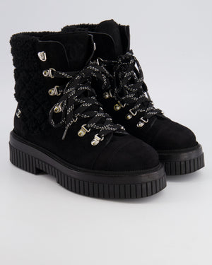 Chanel Black Suede Lace-Up Snow Ankle Boots with Shearling Trip and Silver Hardware Details Size EU 37.5C