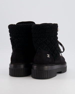 Chanel Black Suede Lace-Up Snow Ankle Boots with Shearling Trip and Silver Hardware Details Size EU 37.5C